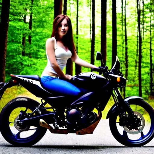 Very attractive woman sitting on a motorcycle. The bike is Yamaha. In the background is a forest.