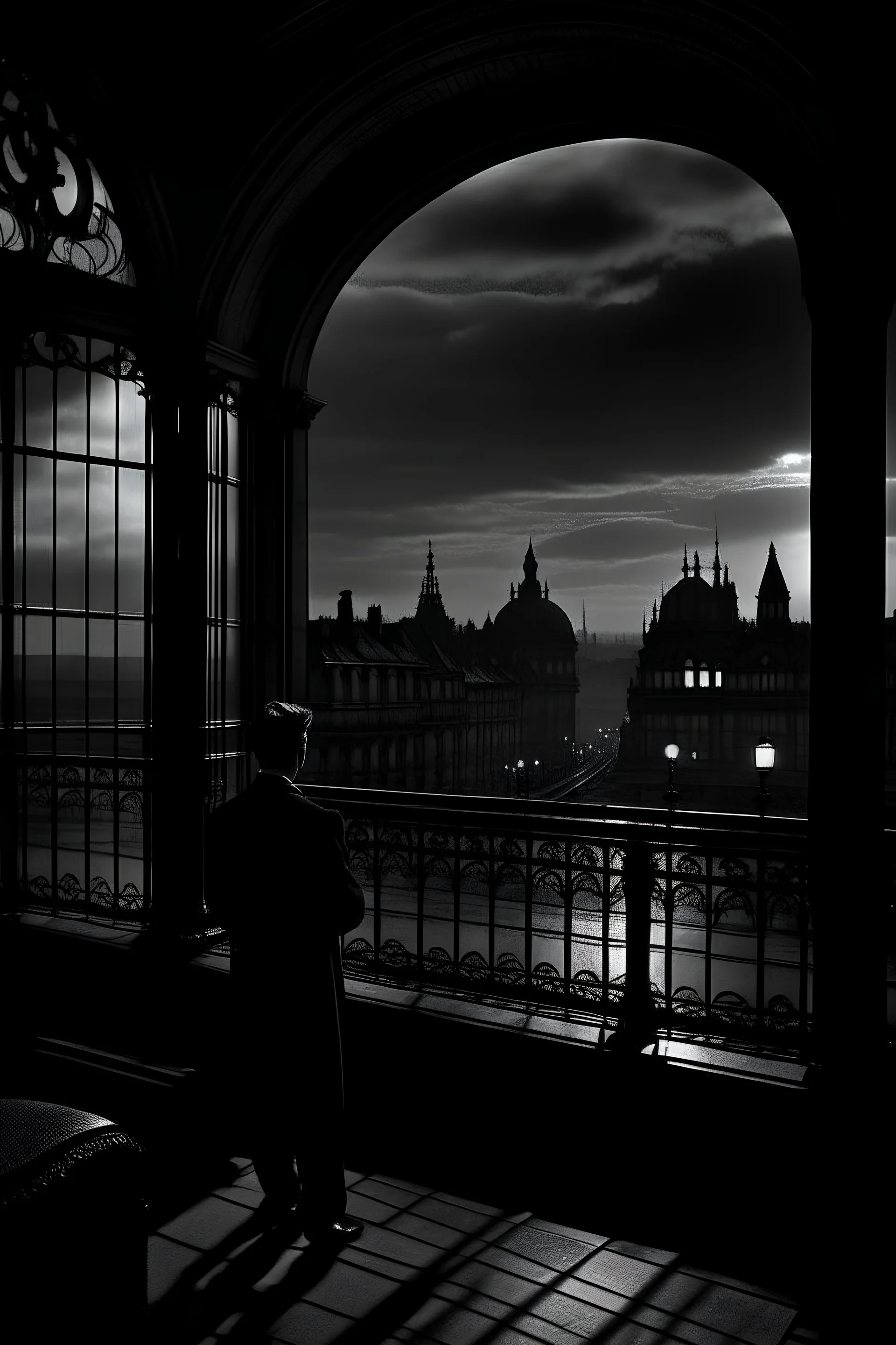 The court was very cool and a little damp, and full of premature twilight, although the sky, high up overhead, was still bright with sunset. Victorian London, black and white. A man behind a window.