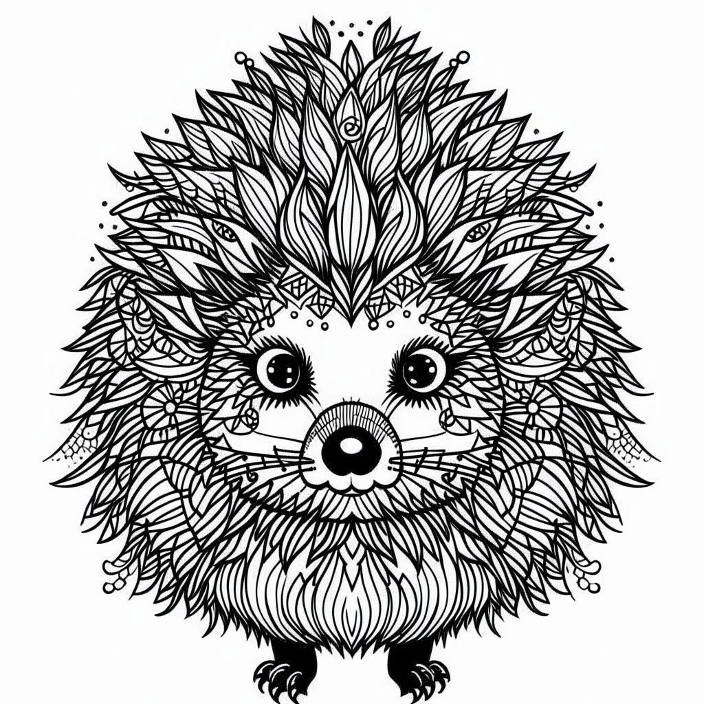 Hedgehog, mandala, minimal lines, cartoon, white back ground color, real style, realistic, minimalistic, minimal black line art, line art, crisp line art, unique coloring sheet, outlined, outline, crisp, crisp line edges, illustration, thin lines, crisp clear lines, line art, clean line art, unique, 8k, amazing, masterpiece, no colors, no dark color, no black color, avoid thick black, minimalistic line edges, pure white back ground, image character full fit to page,