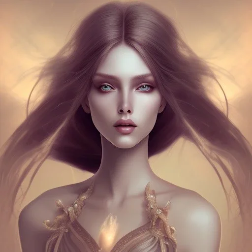 mystic woman with Châtain long hair, dark fantasy setting, ethereal, soft lighting,