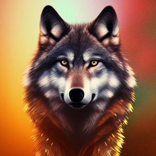 Wolf, red, orange, yellow, green, blue, purple, masterpiece, expert, 8K, hyperrealism, sharp focus, cinematic lighting