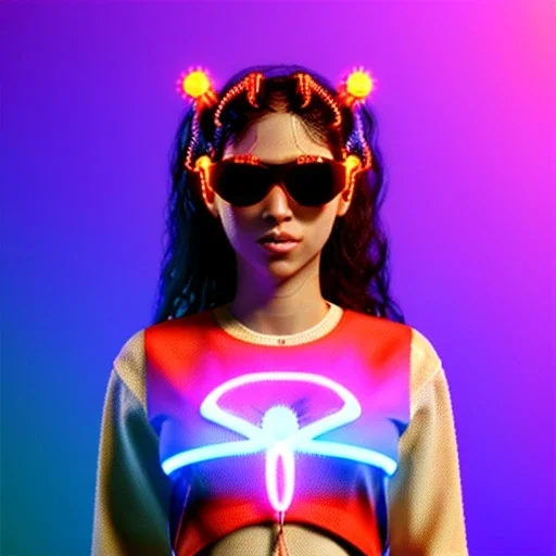 Shakira, artist, 30 years old, Realistic image, waist up portrait, etro style dress. Gucci sunglasses. loose long hair, eyes make up, perfect, glow, circle iris. Neon colors, leds. Cyberpunk. concept art, smooth, unreal engine 5, god lights, ray tracing, RTX, lumen lighting, ultra detail, volumetric lighting, 3d, finely drawn, high definition, 4k.