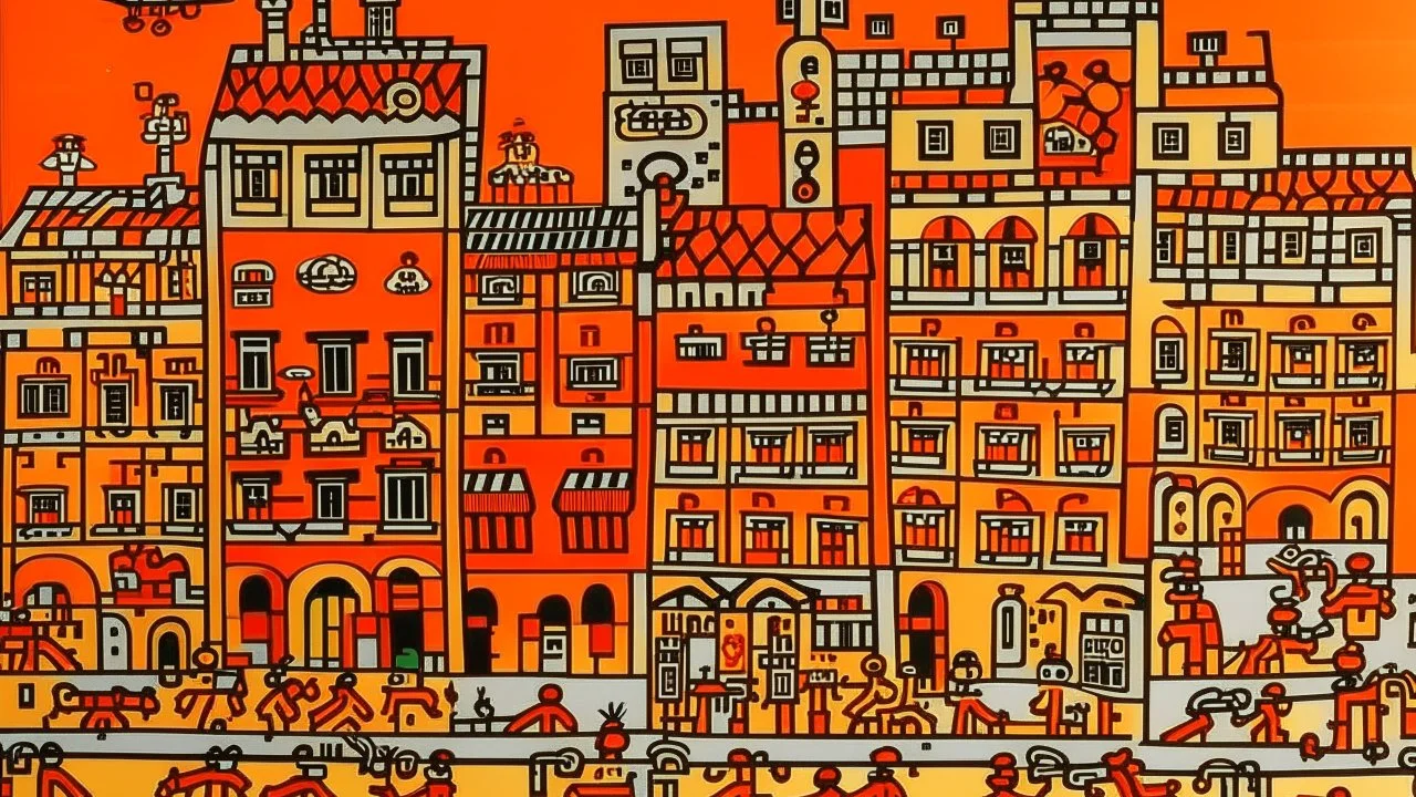 An orange colored western town with mechanical buildings painted by Keith Haring
