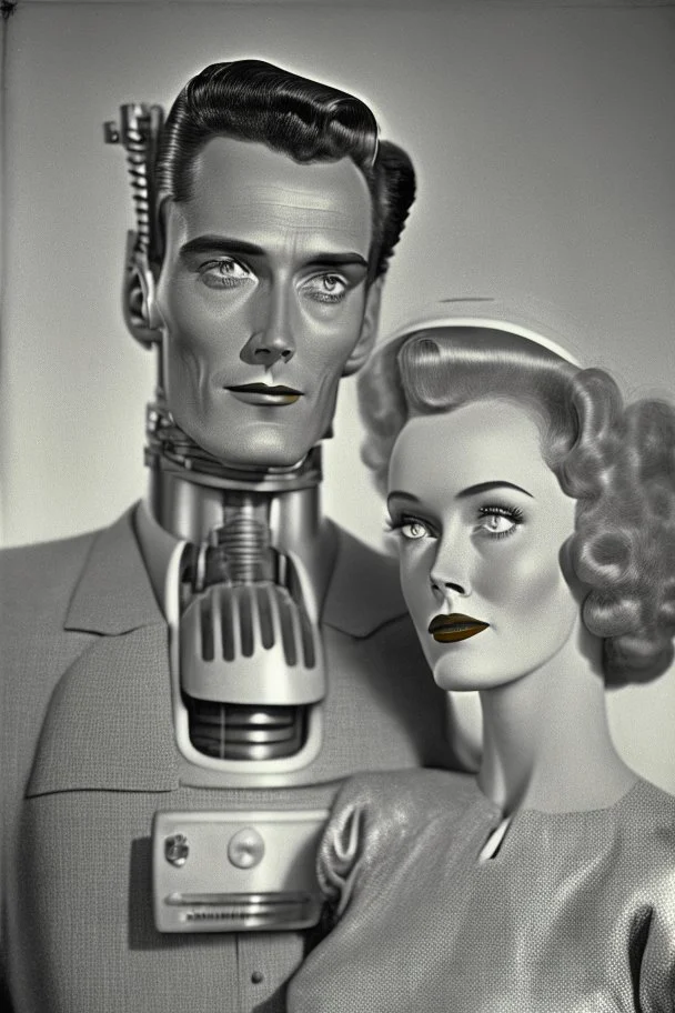 american dream portrait hansome man and a robot wife1950s