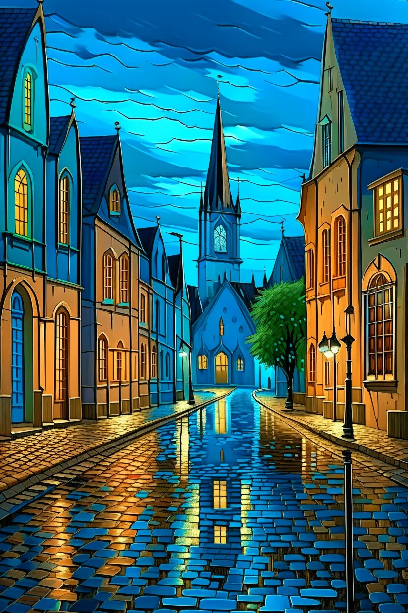 tranquil evening in a quaint town. Houses with illuminated windows dot the landscape, with their warm glow contrasting against the cool blue hues of the evening sky. Raindrops glisten on the cobblestone streets, reflecting the soft light from the street lamps. In the distance, a church or cathedral with a prominent spire stands tall, its silhouette contrasting against the fading light. The overall ambiance is one of serenity and nostalgia, evoking feelings of coziness and warmth amidst the chill