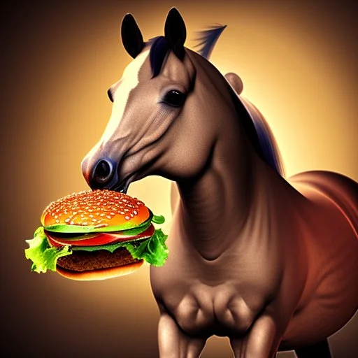 A horse eating a hamburger.