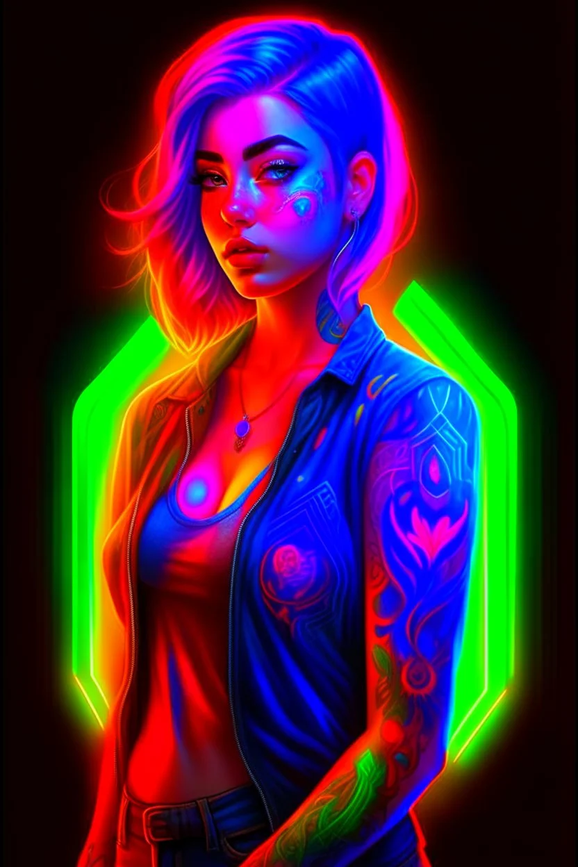 full body colorful tattooed portrait of a female model with colorful hair, Vibrant colors, Neon lighting, Intricate details, Digital painting, Artstation, glowing tattoos, Sharp focus, Illustration, art by audrey benjaminsen and lois van baarle and artgerm and mandy jurgens, Dystopian, cyberpunk, cinematic, 8k