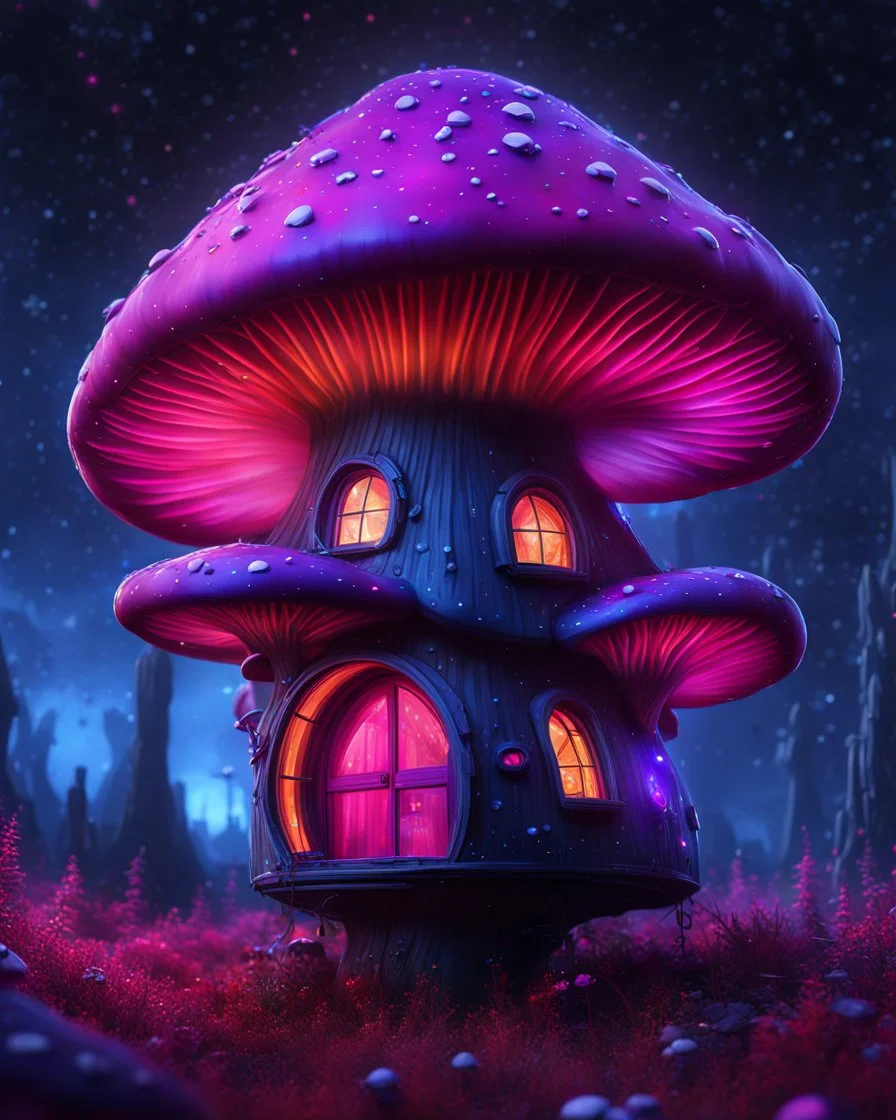 An illogical floating mushroom house on a clear moonless night. . Bright Bold Bright Colors, blue pink white, Starry Dark cosmic interstellar. Detailed Matte Painting, deep color, fantastical, intricate detail, splash screen, hyperdetailed, insane depth, concept art, 8k resolution, trending on Artstation, Unreal Engine 5, color depth, backlit, splash art, dramatic, High Quality Whimsical Fun Imaginative Bubbly, perfect composition