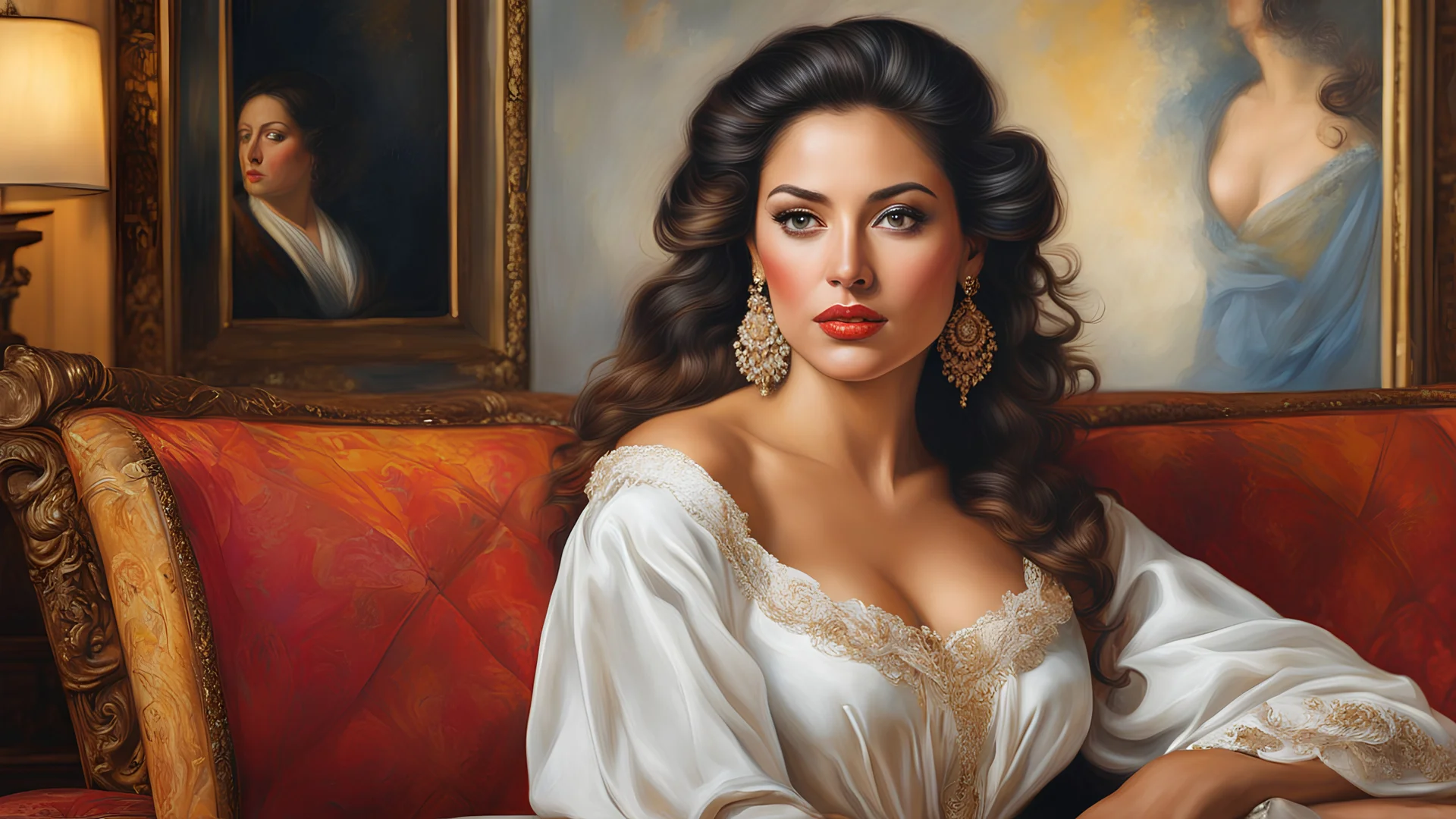 painting of a woman medium full shoot sitting on a couch, photorealistic painting, by Marek Okon, gorgeous face of a Latina woman, beautiful art uhd 4 k, bust with a long beautiful neck, renaissance oil painting