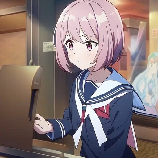 Clear focus, High resolution, A anime teenager, anime screencap, black medium length hair, hair cut in pieces, pink eyes, wearing a sailor uniform, blushing