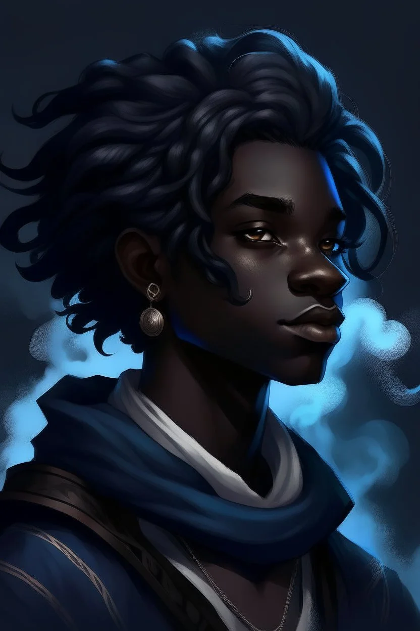 A young male Air genasi with black skin smoke some hair