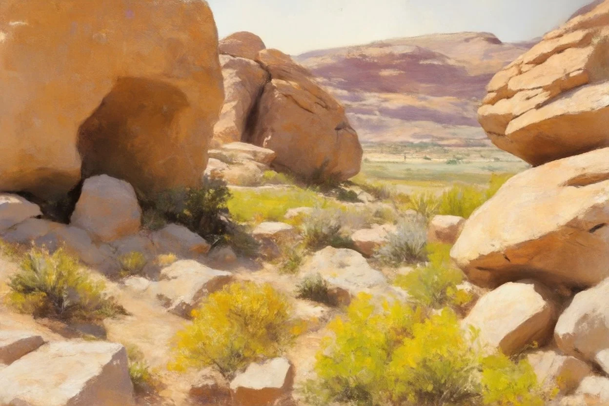 Sunny day, rocks, big rocks, vegetations, distant mountains, sci-fi, anton romako, and ferdinand hodler paintings