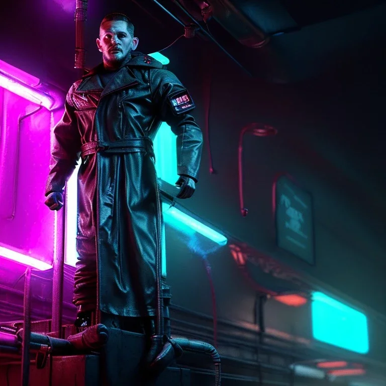 Actor, tom hardy, replicant man, blade runner style, rain, fog, neon ambient, gradient color, clean skin, circuits, latex coat, cyber punk, neon, tubes, portrait, studio photo, unreal engine 5, smooth color, 16 bit, god lights, ray tracing, RTX, lumen lighting, ultra deatail, volumetric lighting, 3d, finely drawn, hd.