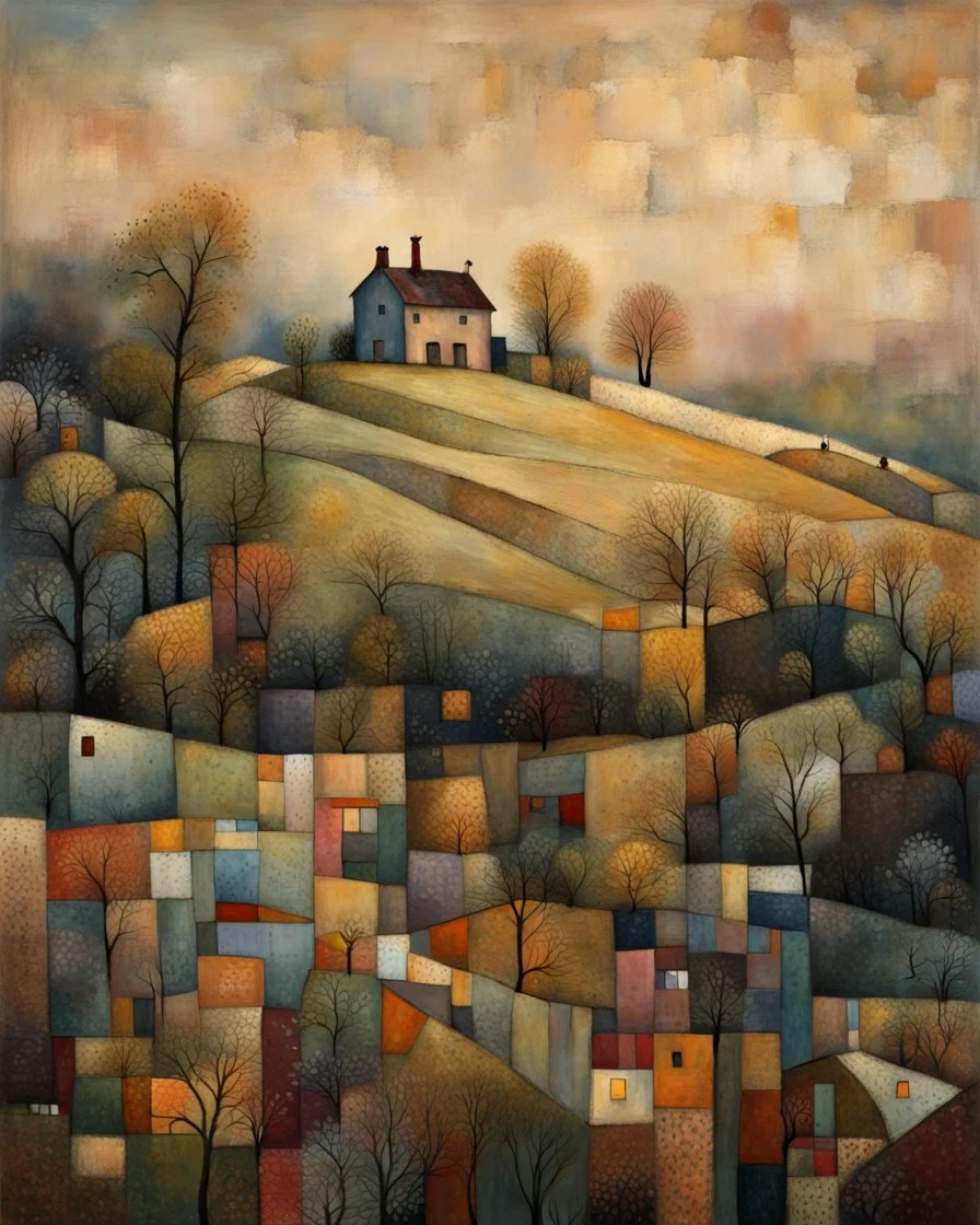 the house on the hill, patchwork art by Jamie Heiden, Peter Doig, Renoir, Pol Ledent, Endre Penovac
