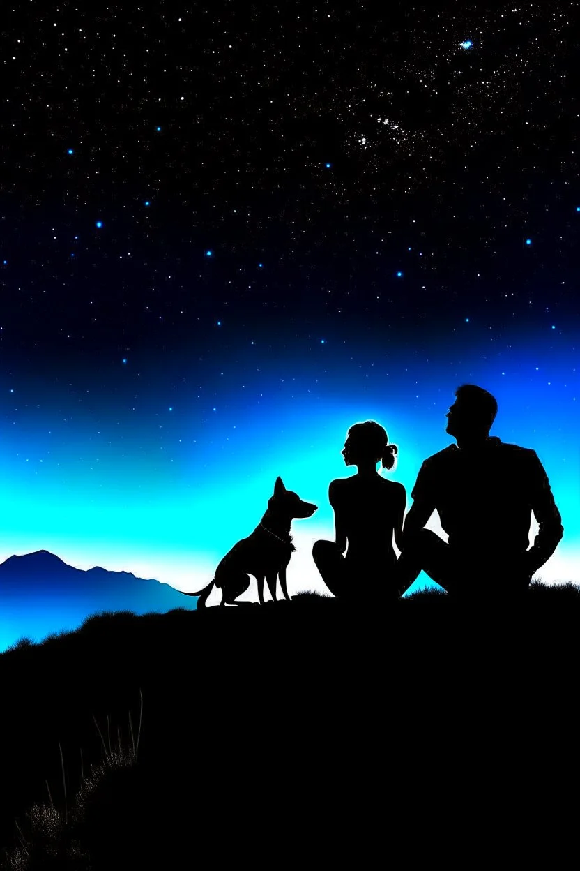 black background on a mountaintop and three silhouettes of a fit man, a silhouette of a fit woman, and silhouette of a Belgian malinois sitting next to the men and the woman looking at the stars