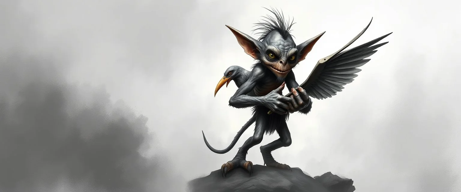 air brush 3d with pen outline, mongrel goblin gremlin holding big big bird, charcoal fog border