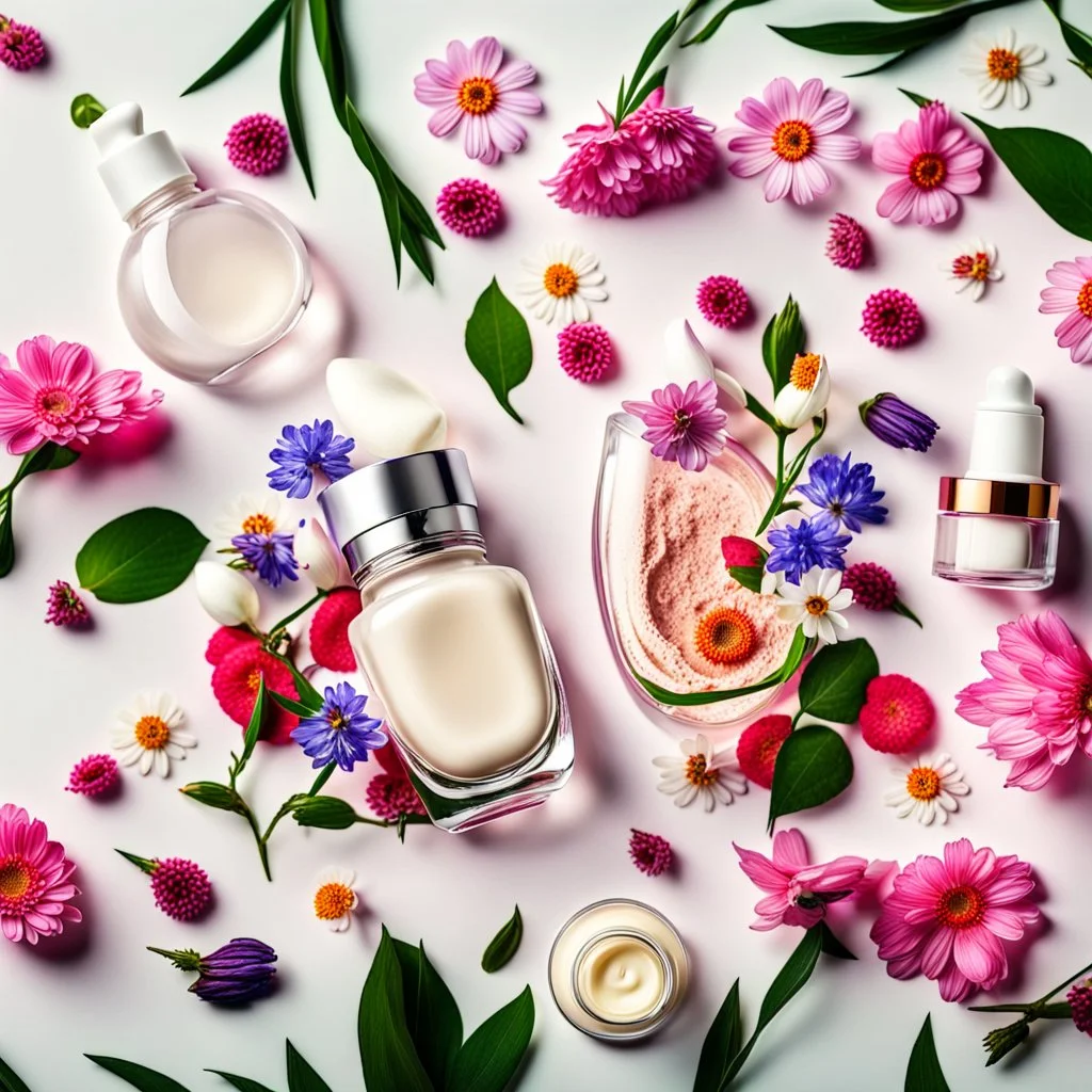 a bottle for cosmetics and a cream jar lies on a beautiful floral background top view, in the background there are beautiful spring flowers and a drop of cream, high-quality picture, top view