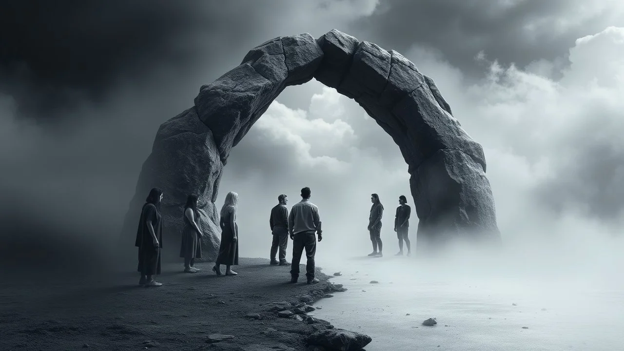 A depressing image, sad and emotional thought-provoking image of a portal which separates two worlds. A rocky portal separates the world of color and the world of gray. Several people standing in the color world begging those in the gray All the people in the gray world are shades of grayscale. The 10 people in the gray are all sad and depressed several crying and weeping. Those beyond the portal in the color world are living and joyful.
