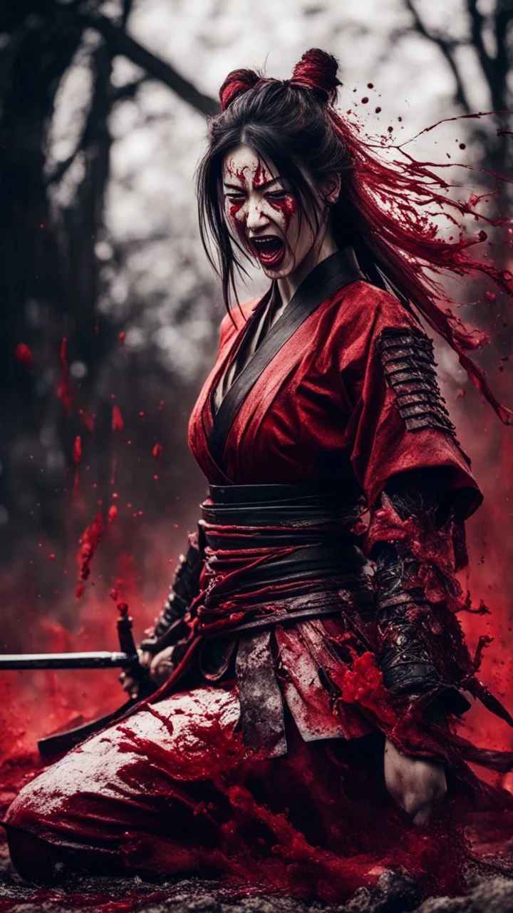 Tall girl samurai, face distorted with pain, screaming, tears streaming from eyes, siting pose, fullbody, splashes blood, behind guts rising from the ground, intricate, darkred tones, macro photography,