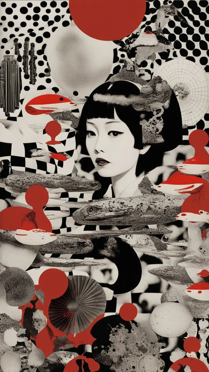 surreal collage art crafted from vintage Japanese magazines poster Novell , art composition by kusama, sci-fi elements , Alice's Wonderland, black and white and deep red