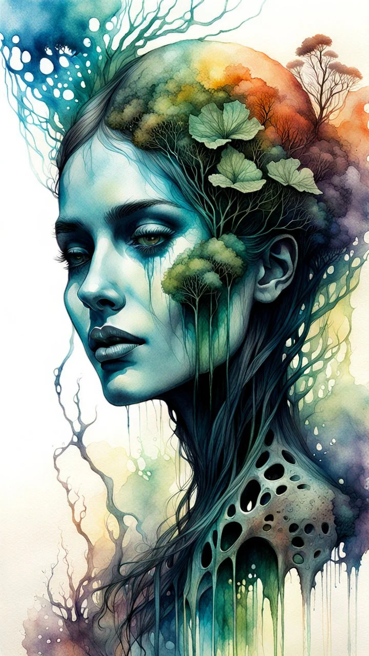Zdzislaw Beksinski, and Peter Gric style ink wash and watercolor, full body illustration of a beautiful young girl , highly detailed facial features, mixed to anatomical portrait view, visible plant like skeletal structure, wildly flowing splash colours , 8k octane, all in focus, clean , no grain, ethereal, otherworldly concept art in vibrant natural colors