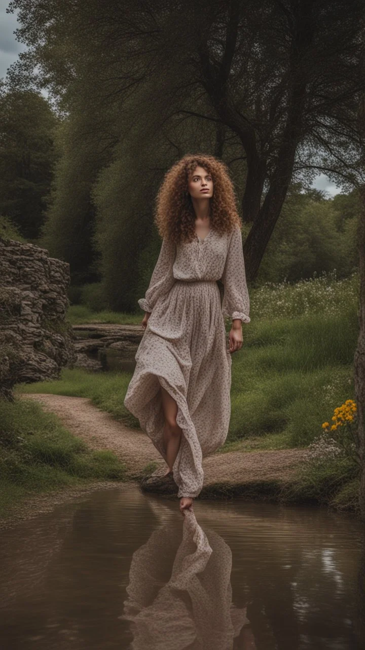 full body shot of a very beautiful lady curly hair, walks in the country side with a narrow river with clean water and nice rocks on floor. The trees and wild flowers pretty country houses ,nice cloudy sky.