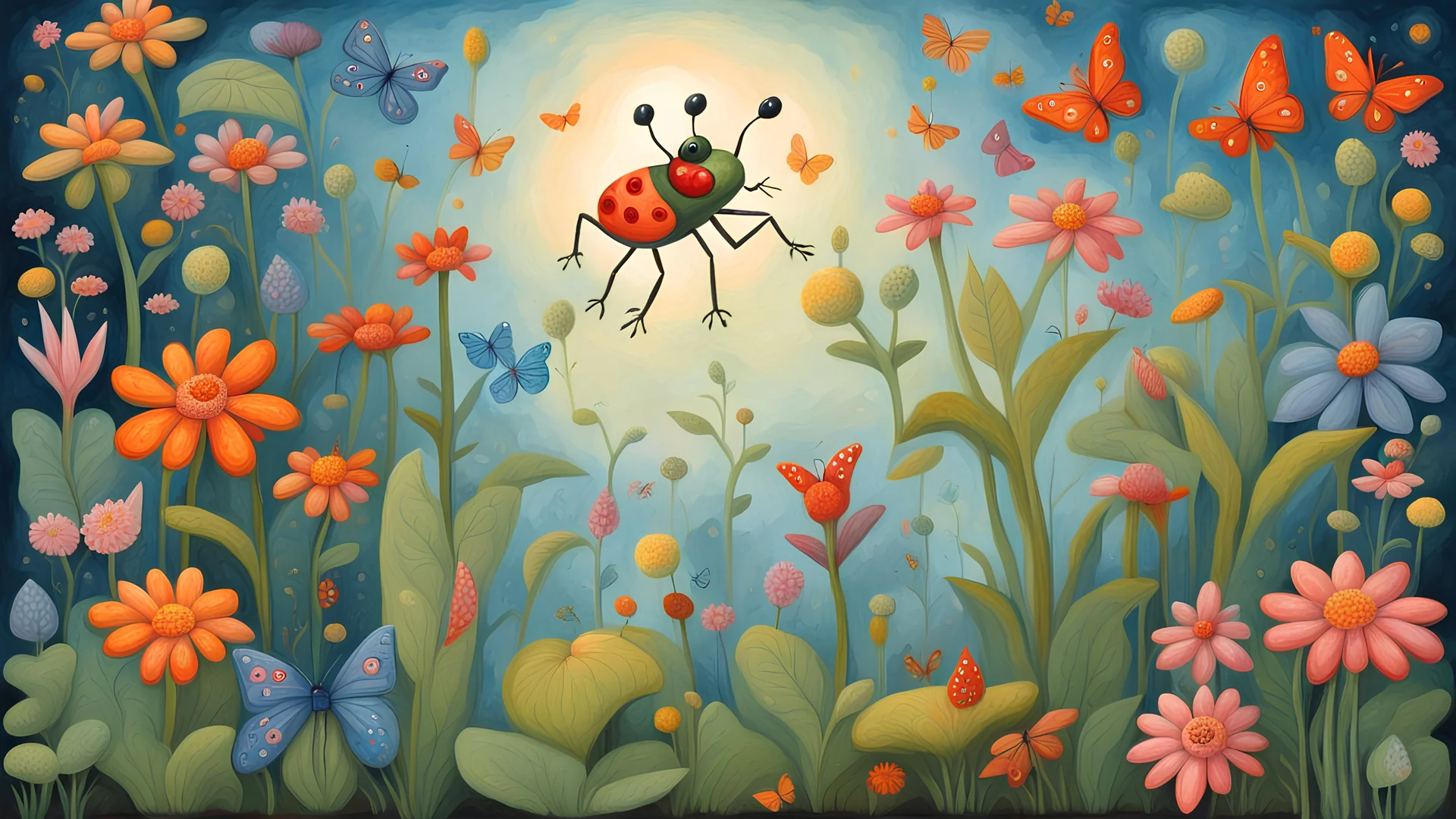 whimsical folk art picture of a small bug looking up at a very tall plant based frog, flowers, butterflies, dragonflies, pond atmosphere, brilliant colors,