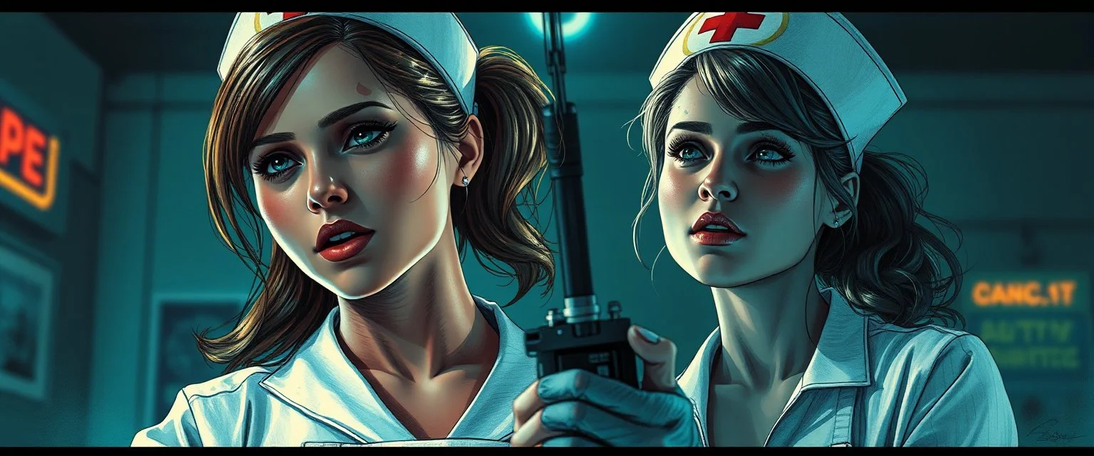 cyberpunk fallout 4, airbrush and pen outline, A cinematic, high-end advertisement image for a fictional service called “Spice Girl Nurse Surprise Party™”. Split-screen composition with two contrasting emotional states.