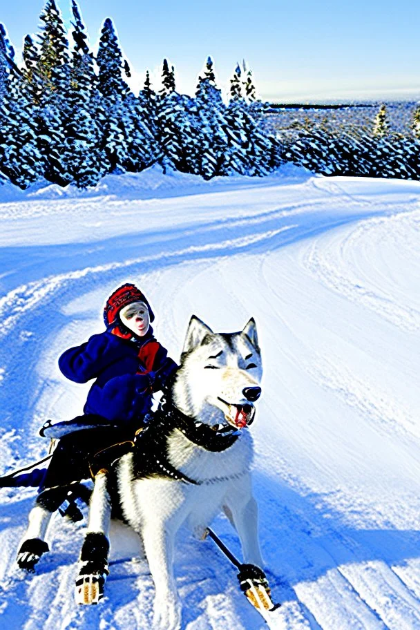 Matthew (niño) y Margaret (niña) viajan en un trineo tirado por un husky por un paisaje nevado