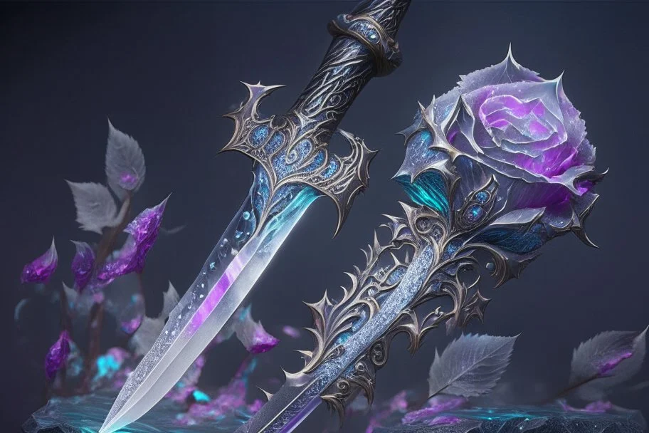 A fantasy zweihander, the blade is made up of glimmering ice, it's hilt is crafted from swirling vines, leading to a vibrant rose crystal at the pommel, with a black background behind it.