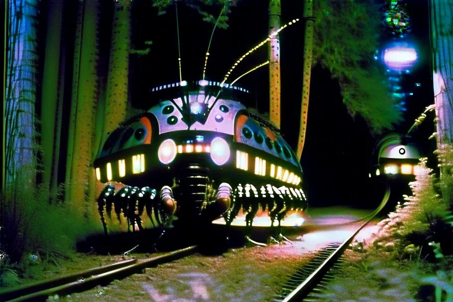 Subject( A centipede bug train robot cyberpunk futurism), Location(A forest with a futuristic train station, Forest, Alberta, night, Feb, 1994), Frame(wide shot of passenger facesinterior train), Cam( Nikon, R3, anirmorphic lens, extreme bokeh blur, analog film grain,fuji film, color fading, film scratches, mold, vinegar syndrome, dirt, dust, emulsion damage, water damage, film tears, Cinemascope mumps, gate hair)