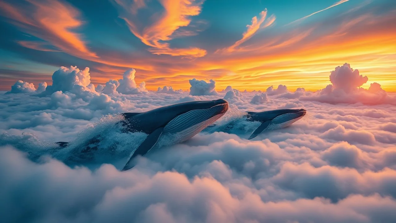 A surreal landscape where the sky is made of flowing water, and giant whales swim gracefully through the clouds, reflecting the colors of the sunset. Photographic quality and detail, award-winning image, beautiful composition.