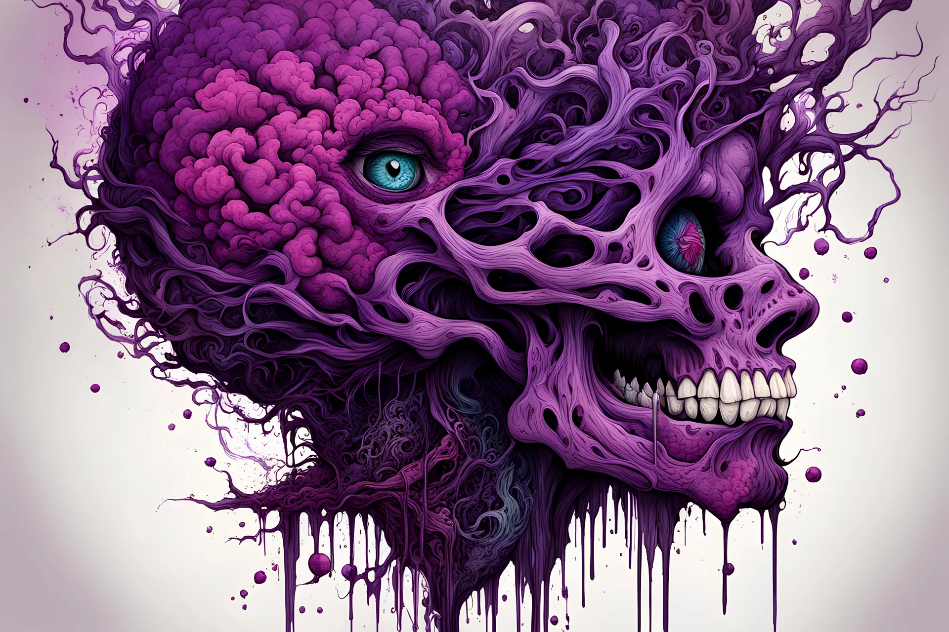 highly detailed full color concept illustration of " Purple haze all in my brain, lately things don't seem the same" , maximalist, sharp focus, highest resolution, in the styles of Alex Pardee, Denis Forkas , and Masahiro Ito, boldly inked, 8k, coarse, gritty textures