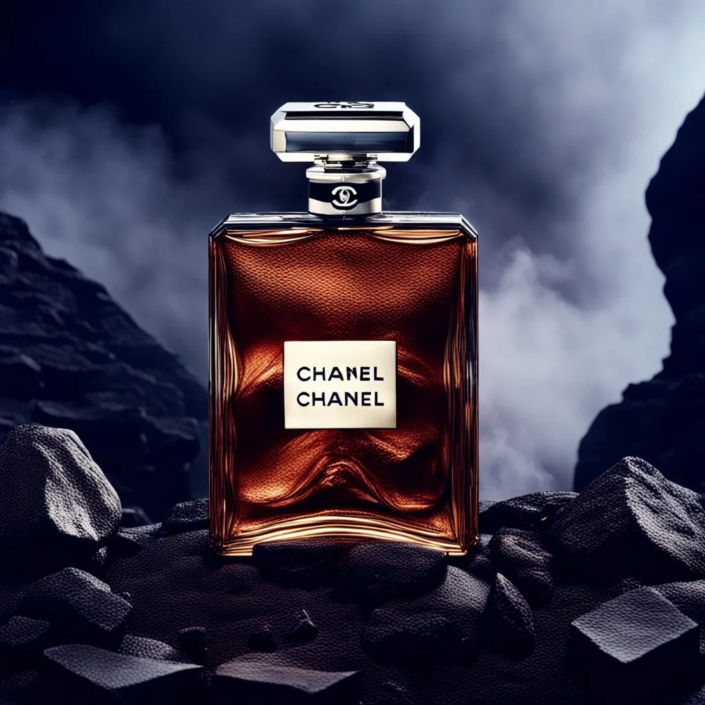 social media ad post for Chanel brand royal perfume .steam in the background. dramatic on rock cinematic t .cinematic,8k high cualitcy