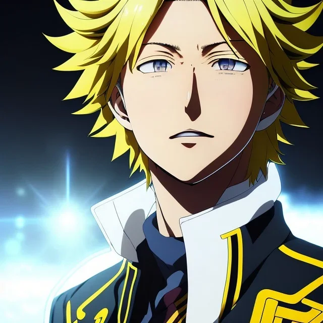 Detailed anime portrait of denki Kaminari my hero academia, yellow hair, black suit, intricate details, full body portrait, keep head in frame, slight smile, black Japanese motif, concept art, highly detailed, digital painting, concept art, sharp focus, illustration, art by Yoji Shinkawa, WLOP and greg rutkowski and alphonse mucha and artgerm and yanjun Chen and Junji ito and Makoto Shinkai, HDR, octane render