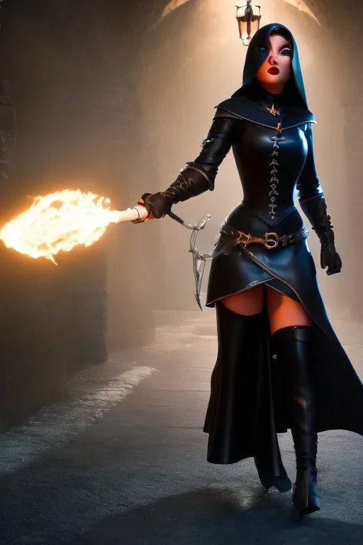 mature evil witch in black leather hobble dress with a whip in her hand, big chest, angry face, inside a dungeon