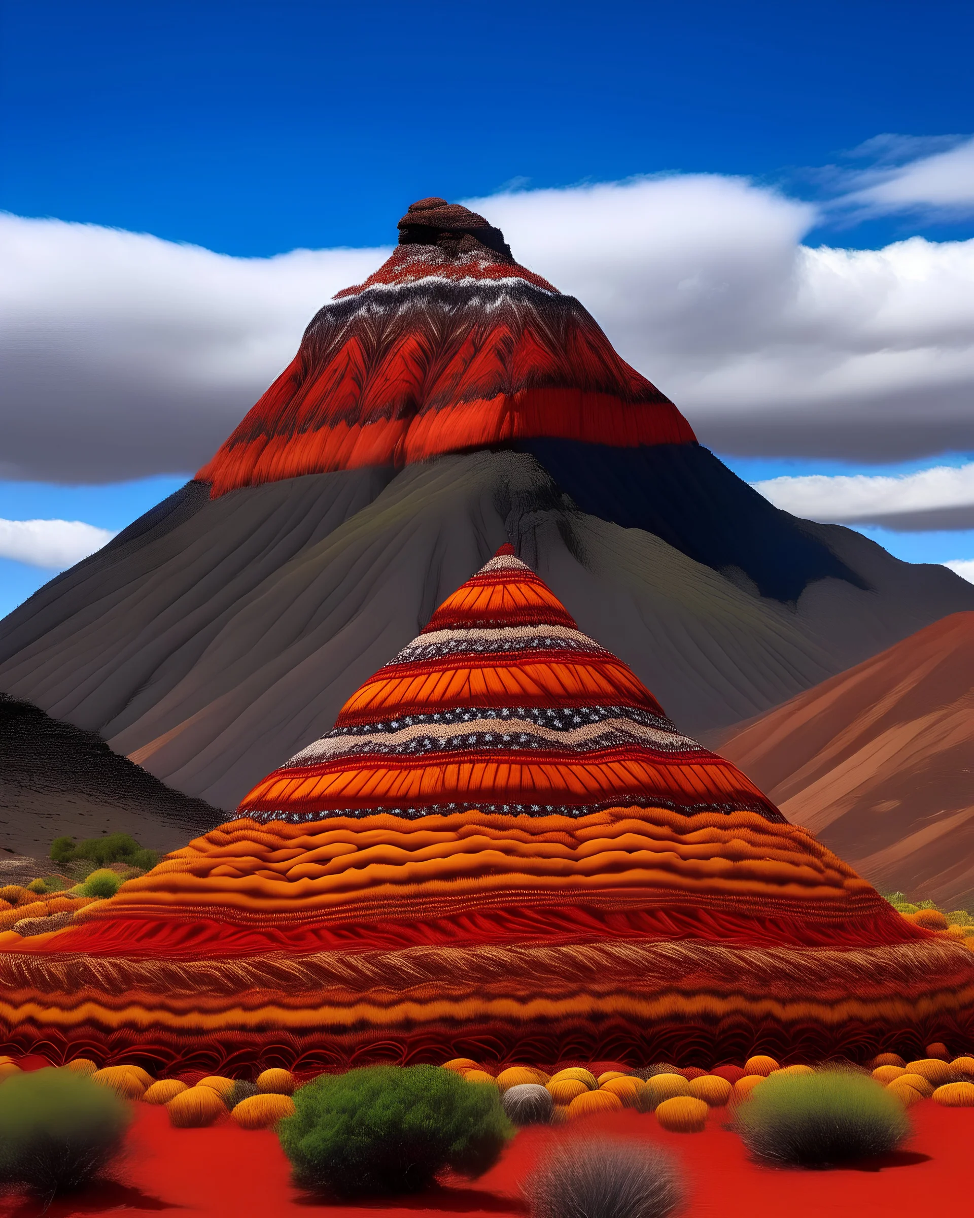 A mountain filled with magma designed in Navajo woven art