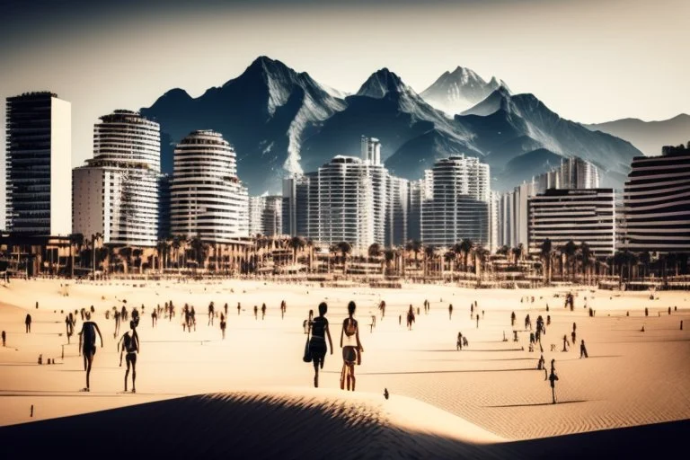 Modern city, people, mountains, sand