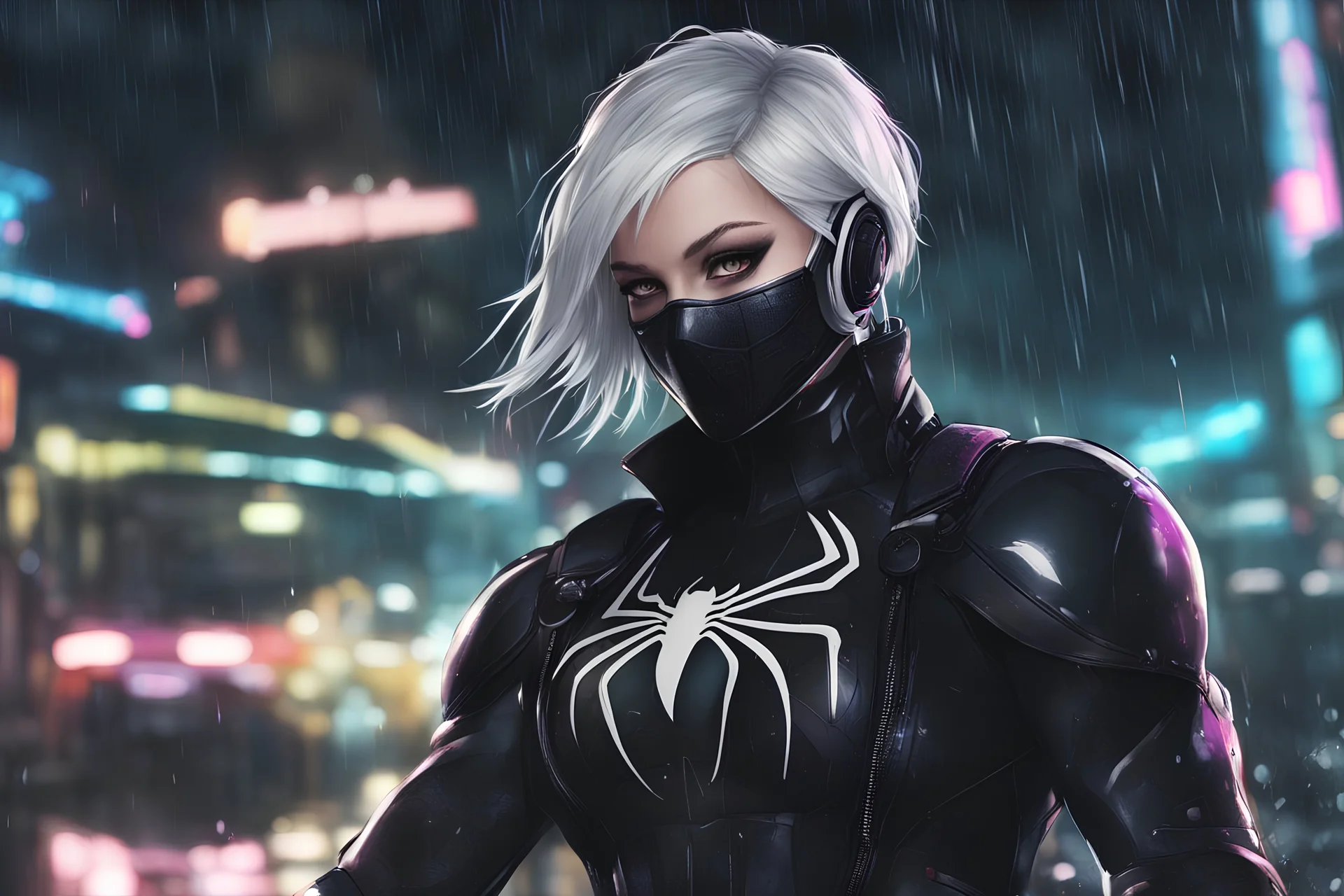 Venom in 8k nier automata anime drawing style, spider-gwen them, cinematic mood, neon effect, close picture, rain, highly detailed, high details, detailed portrait, masterpiece,ultra detailed, ultra quality