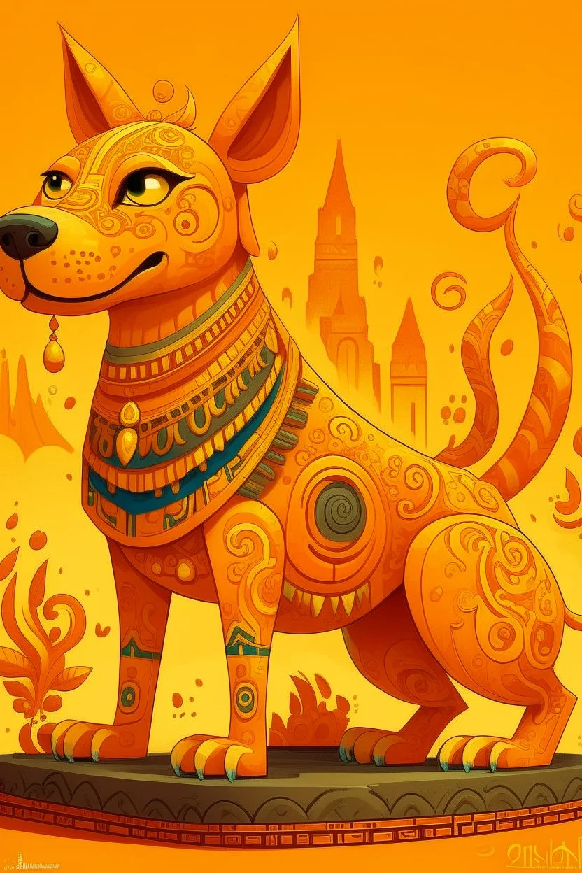 A yellowish orange colored sound elemental dog designed in Mayan architecture painted by Qiu Ying