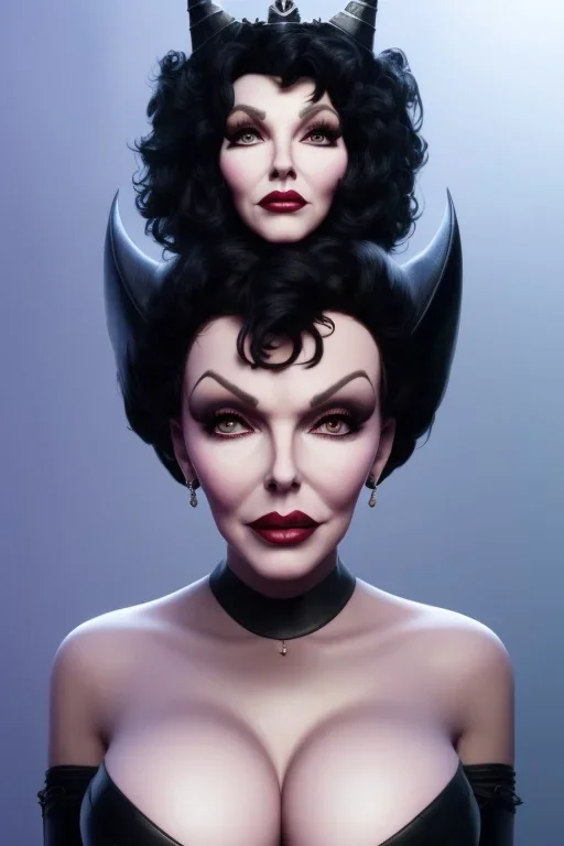 Joan Collins as evil queen in black leather, leather, busty, cleavage, angry, stern look. character design by cory loftis, fenghua zhong, ryohei hase, ismail inceoglu and ruan jia. unreal engine 5, artistic lighting, highly detailed, photorealistic, fantasy