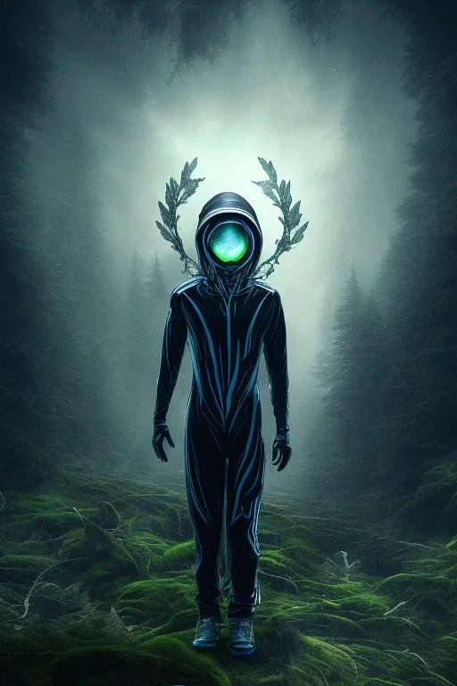 running alien portrait , black jogging suite , in the night Alps , holding leaves and coins , angels background, volumetric light, high detail, dark leaf tree, dark mountains in background, perfect, HR Giger style