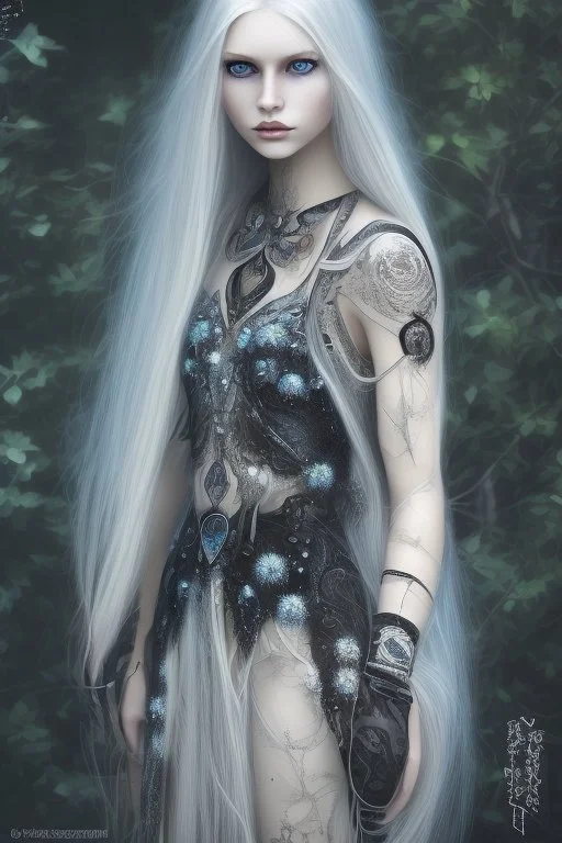 A beautiful young woman with long white hair and blue eyes, pale skin with opal freckles. Wearing a black dress