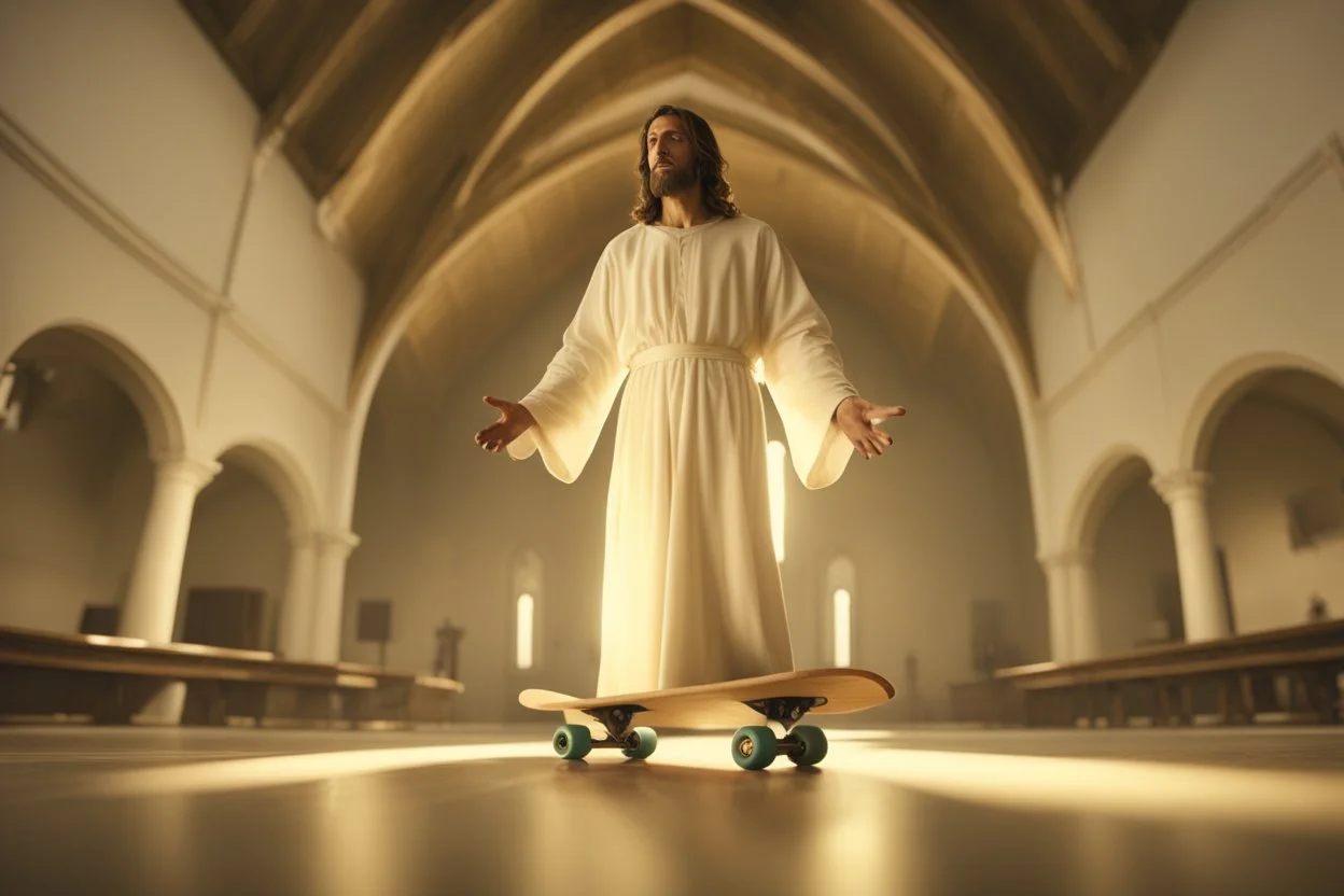 4k full realism, full details, full lights, Jesus fait du skateboard dans une église.