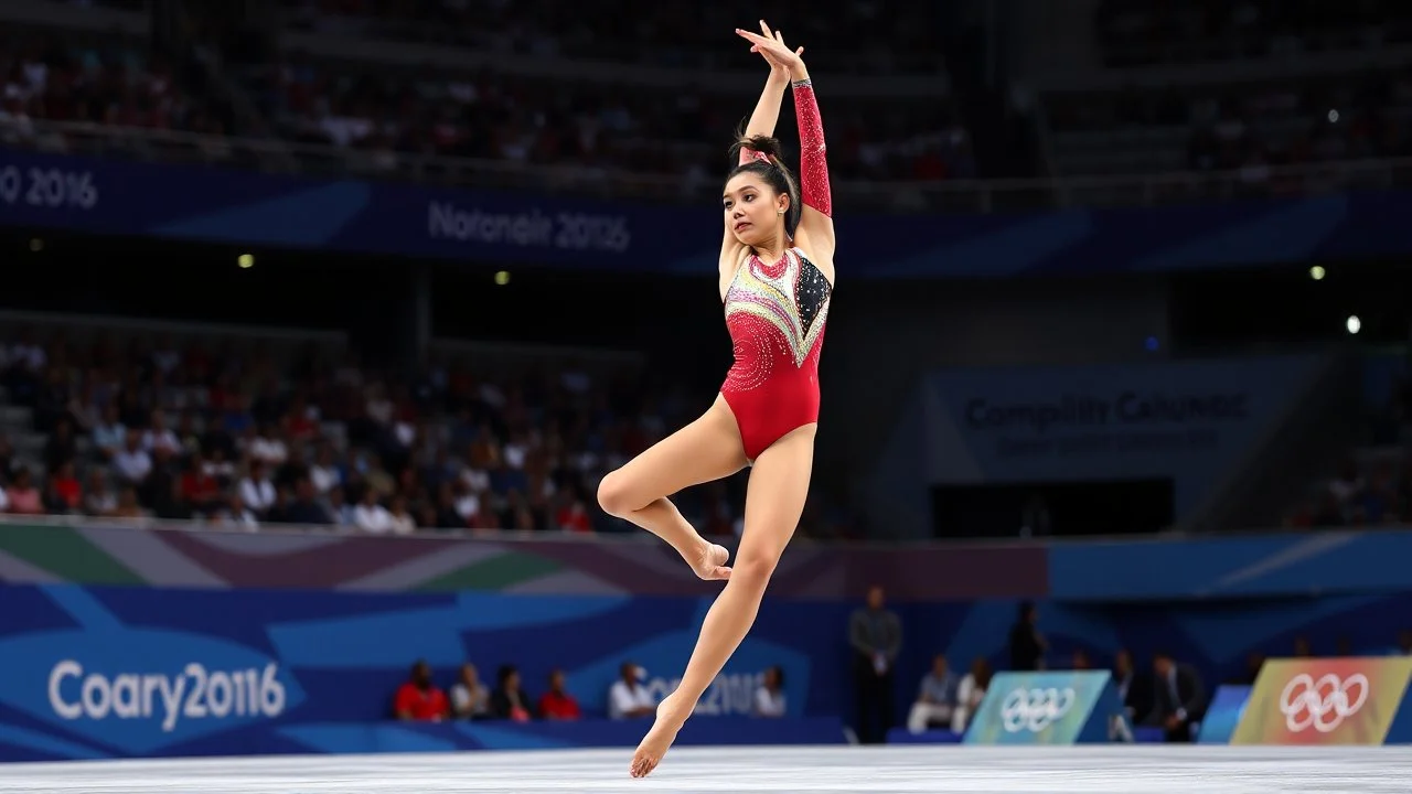 Please provide a detailed Photo of a female gymnast performing her routine on the floor exercise at the Olympic Games. Include specific elements of her performance, such as her choreography, the difficulty of her moves, her artistry, and how she engages the audience. Additionally, describe the atmosphere of the event, the reactions of the crowd, and any notable aspects of her presentation. The output should be structured in a way that captures the excitement and technical skill of the performanc