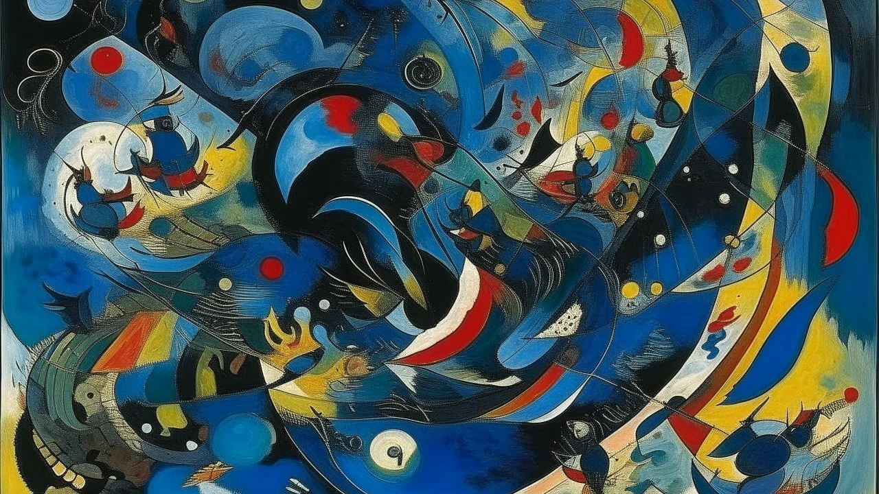 A dark blue chaotic realm with pixies painted by Wassily Kandinsky