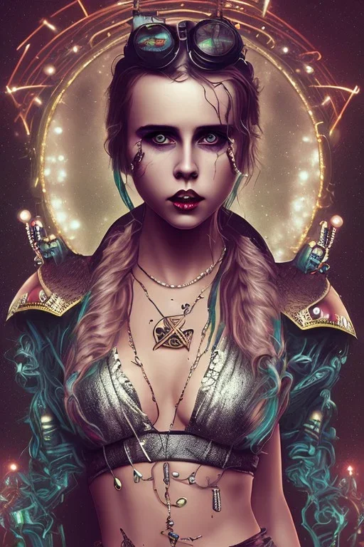 Danish singer mø face, steampunk, darkneon tones,