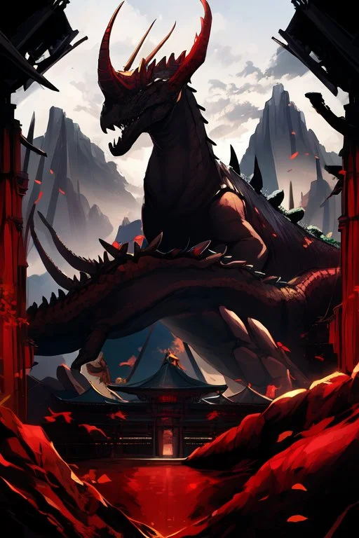 mountains, red and black, temple, dinosaur