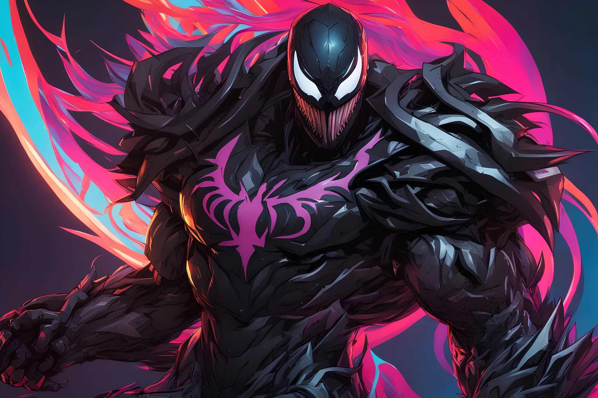 Venom machine in 8k solo leveling shadow artstyle, Shredder them, full body, London, neon paint, intricate details, highly detailed, high details, detailed portrait, masterpiece,ultra detailed, ultra quality