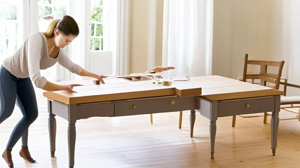 woman assembling the table she just received in the dining room